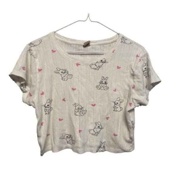 Messy Bun Just Chillin Tops - Messy Bun Bunny Print Crop Top - White and Pink Size XL